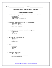 Tokugawa leyasu Multiple Choice Worksheet