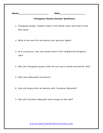 Tokugawa Ieyasu Questions Worksheet