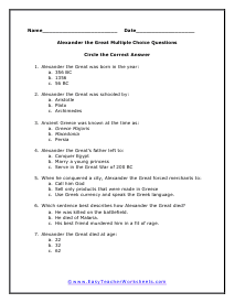 Alexander the Great Multiple Choice Worksheet