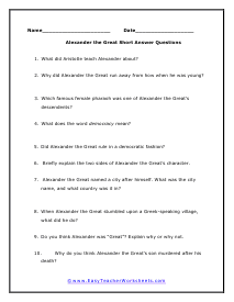 Alexander the Great Short Answer Worksheet