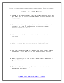 Arizona Short Answer Worksheet