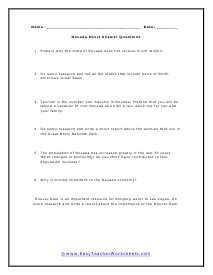 Nevada Short Answer Worksheet