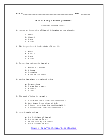 Hawaii Multiple Choice Worksheet