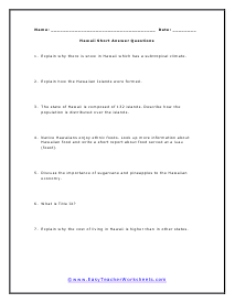 Hawaii Short Answer Worksheet