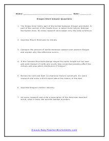 Oregon Short Answer Worksheet