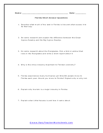 Florida Short Answer Worksheet