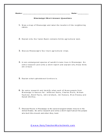 Mississippi Short Answer Worksheet