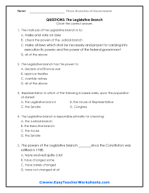 Legislative Branch Question Worksheet