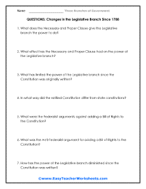 Changes in the Legislative Branch Question Worksheet