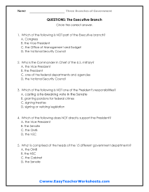 Executive Branch Short Answer Worksheet