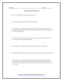 Primaries and Caucuses Short Answer Worksheet