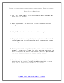 Political Parties Short Answer Worksheet