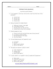 Register to Vote Multiple Choice Worksheet