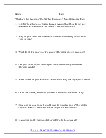 Winter Olympic Event Free Response Worksheet