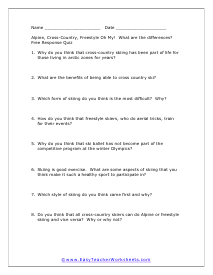 Skiing Quiz Free Response Worksheet