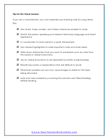 Tips for the Visual Learner Worksheet